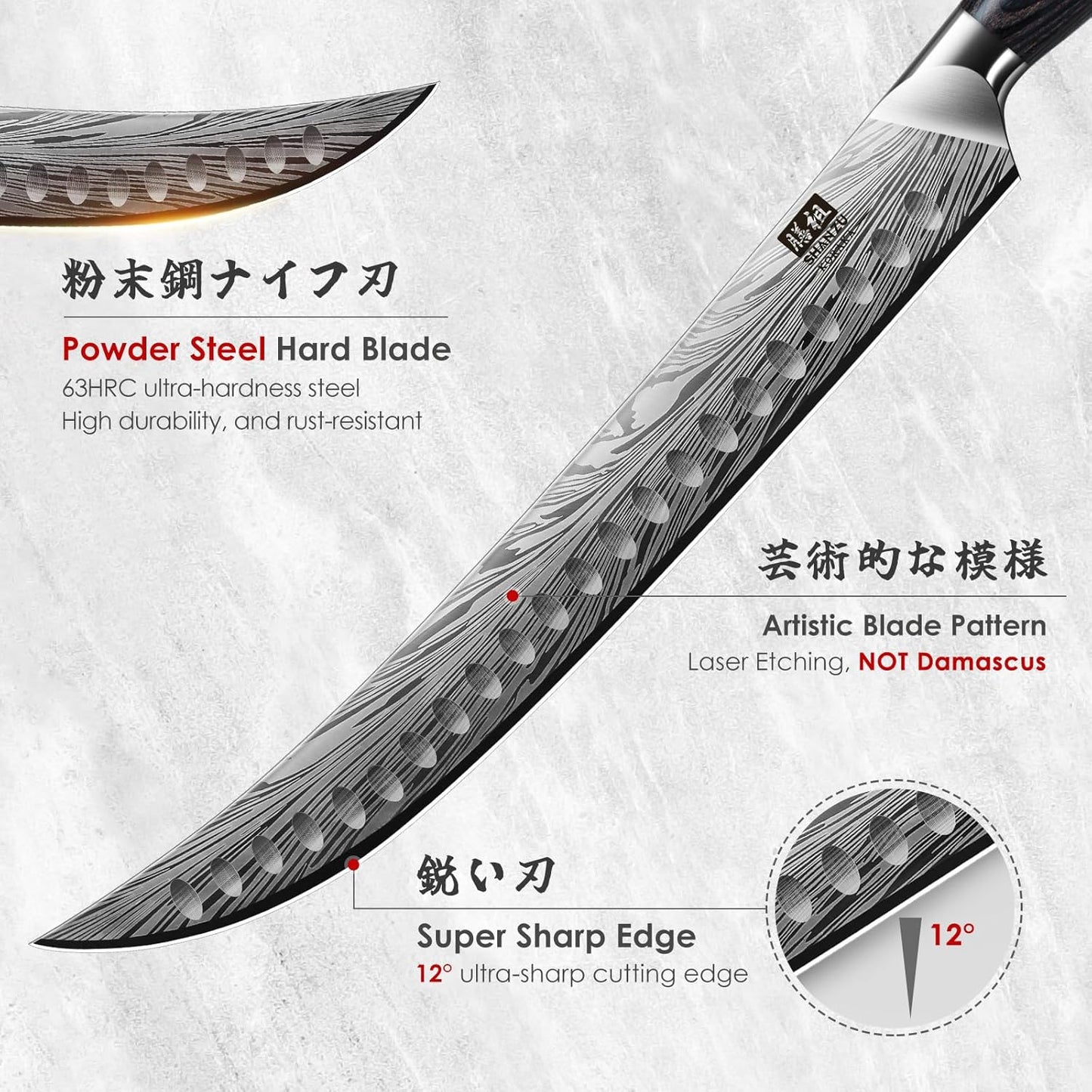 SHAN ZU Butcher Knife in High Carbon Powder Steel, 12 Inch Brisket Knife for Meat Cutting, Carving and Slicing Knives with Ergonomic Pakkawood Handle, Ultra Sharp Meat Breaking Knives