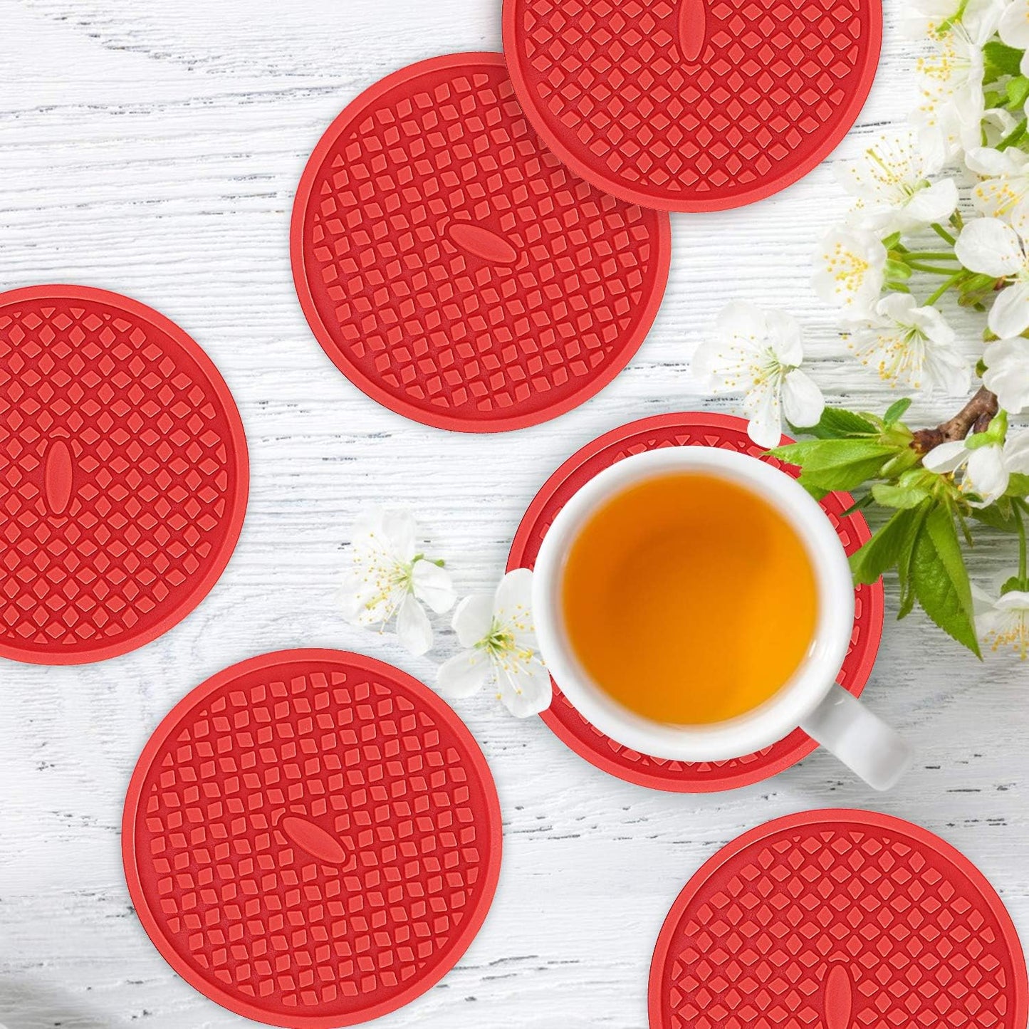 ME.FAN Silicone Coasters [6 Pack] Thickened Drink Coasters with Holder - Cup Mat - Non-Slip, Non-stick, Stay Put, Deep Tray - Prevents Furniture and Tabletop Damages(Red)