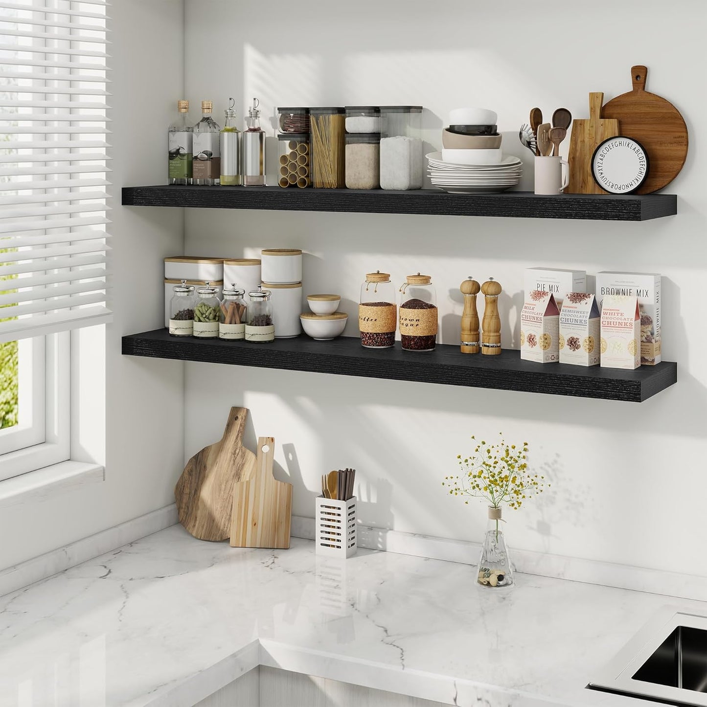 Fun Memories 48 Inch Deep Floating Shelves for Wall, 2 Pack of Long Wall Mounted Wood Shelves with Invisible Brackets for Bathroom, Bedroom, Living Room, Kitchen Decor and Storage, Black