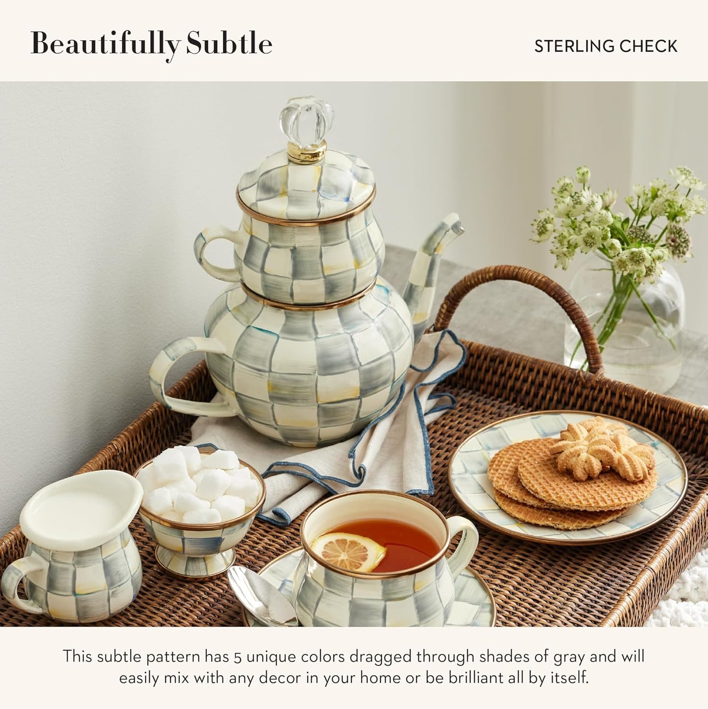 MACKENZIE-CHILDS Enamel High-Tea Teapot, Cup, and Lid, Cute Teapot and Teacup Combo, Gray-and-White Sterling Check