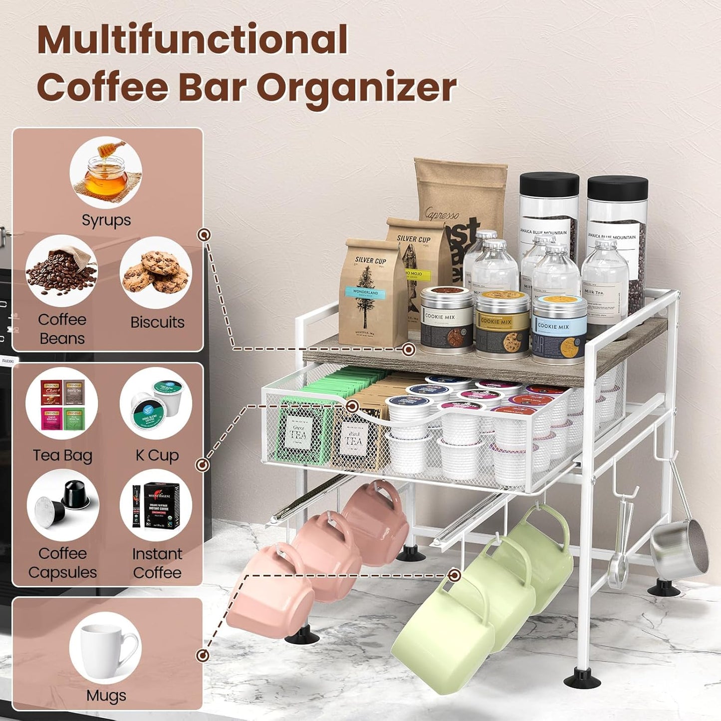 Coffee Bar Organizer Countertop, 2 Tier Mug Cup Holder Stand with 10 Hooks, 60 K Cup Coffee Pod Drawer with Mug Rack, Multifunctional Shelf Organizer for Kitchen, Grey