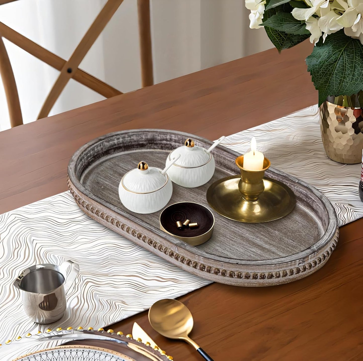 MAONAME Wood Serving Tray, Farmhouse Wooden Tray for Coffee Table, Oval Beaded Trays, Vintage Brown Decorative Trays for Living Room, Kitchen, 15" X 9" X 1.2"