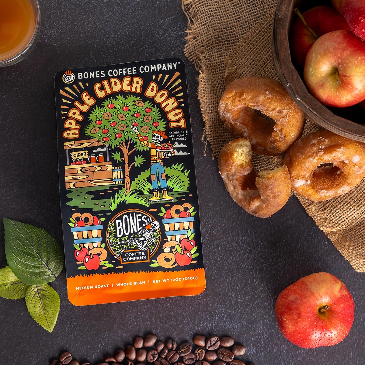 Bones Coffee Company Apple Cider Donut Flavored Coffee, Medium Roast Low Acid Arabica Beans Compatible with Auto drip and French Press Coffee Maker, 12 Oz Whole Bean