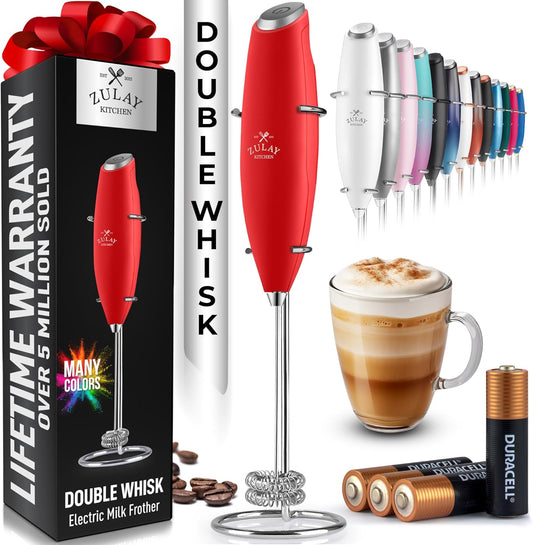Zulay Kitchen Whisk Milk Frother with 4 Duracell Batteries - Powerful Handheld Foam Maker for Coffee, Lattes, Matcha, Hot Chocolate & Cappuccinos - Whip Creamy Froth in Seconds