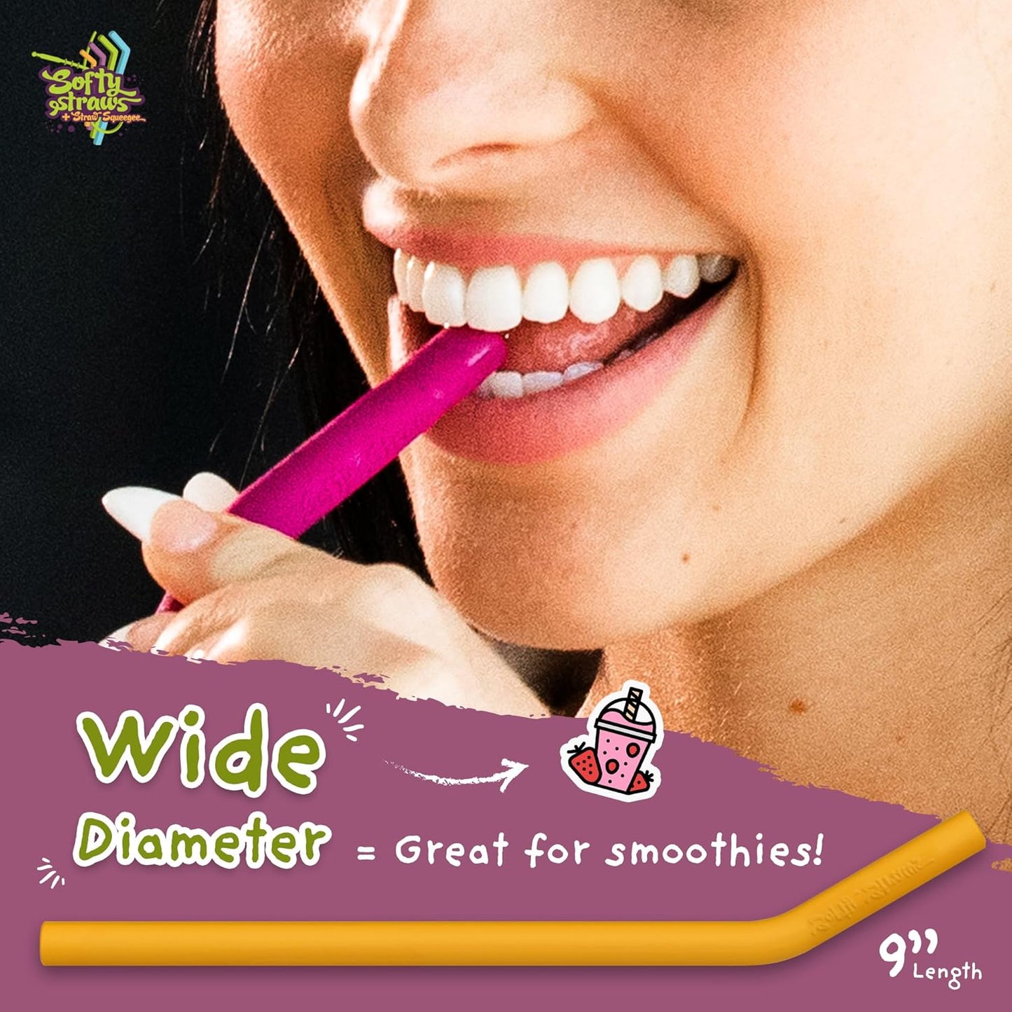 Wide Premium Reusable Silicone Drinking Straws + Patented Straw Squeegee - 9” Long With Curved Bend for 20 30 32 oz Tumblers Non Rubber, Flexible, Safe for Kids/Toddlers, Smoothie