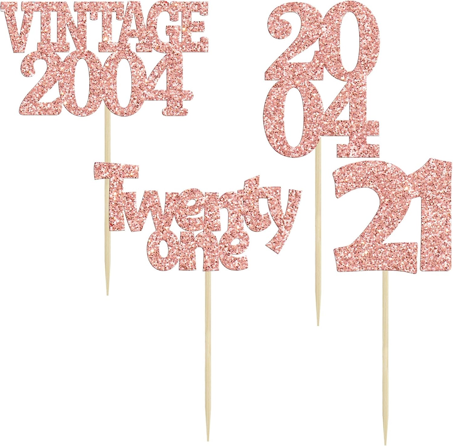 Gyufise 24Pcs 21st Birthday Cupcake Toppers Glitter Twenty-one Vintage 2004 21 Years Birthday Cupcake Picks Cheers to 21 Cake Decorations for Happy 21st Anniversary Party Supplies Rose Gold