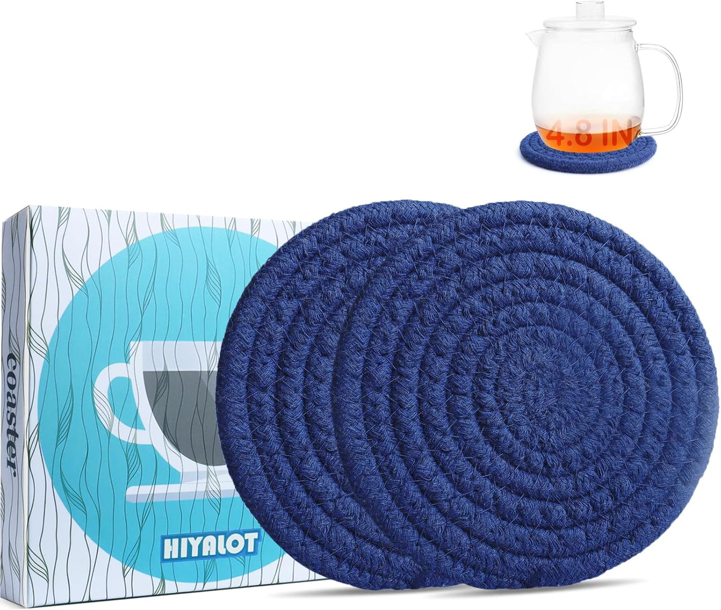 4.8" Drink Cotton Coasters Set of 2 – Large Absorbent Fabric Drink Pads for Coffee Mugs, Stylish Boho Cup Mats for Desk, Bedside Table, Plant Pots – Durable Minimalist Home Decor (Rich Blue, 2pack)