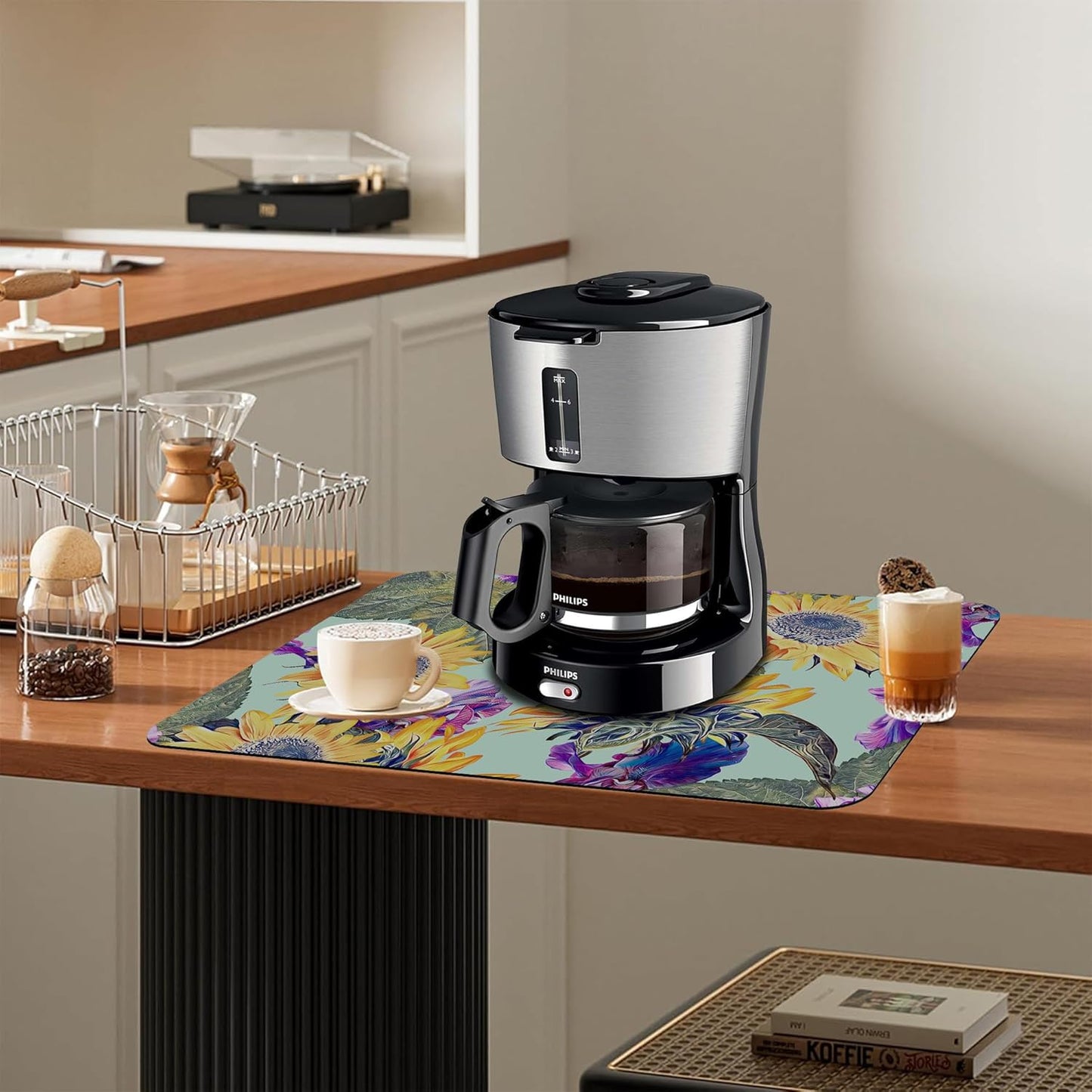 Dish Drying Mat Watercolor Sunflowers Irisflowers Floral Kitchen Mat 16"x24" Bsorbent Coffee Maker Mat for Dishes,Utensils Coffee Maker Pots and Pans Easy Clean Dish Slip Resistant Pad