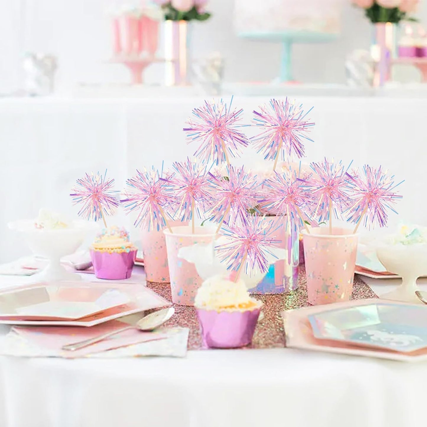 30 PCS Foil Firework Cupcake Toppers Happy Birthday Cupcake Toppers Sparkle Tinsel Flower Drink Stirrers Cocktail Fruit Toothpicks for Valentine's Day Baby Shower Party Cake Decor Supplies Pink