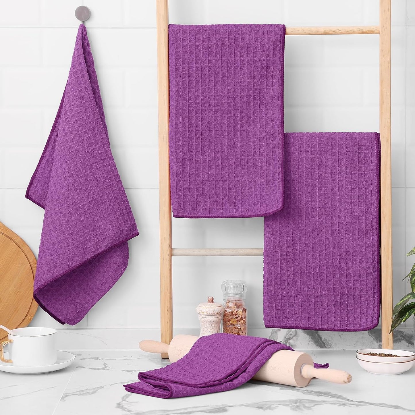 Homaxy Microfiber Waffle Weave Kitchen Towels, 16 x 28 Inch Ultra Absorbent and Solid Color Dish Towels, 6 Pack, Purple