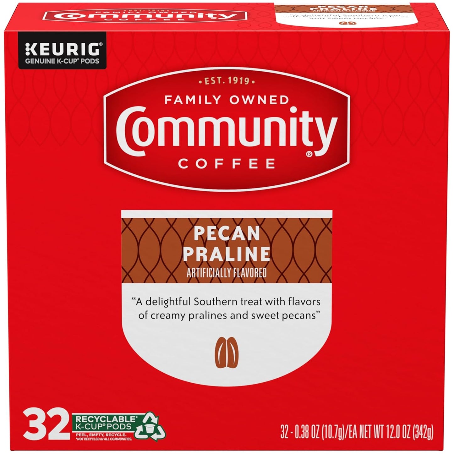 Community Coffee Pecan Praline Flavored, Medium-Dark Roast, Single-Serve Keurig K-Cup Pods, 32 Count (Pack of 4)