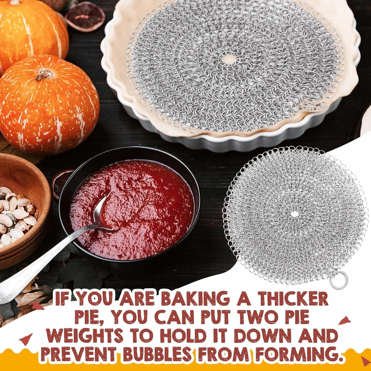 Patelai 2 Pcs Stainless Steel Pie Weights for Baking Universal Fit Pie Weight for 7-10 Inch Pies Round Metal Pies Weights Chain Dishwasher Safe Durable Blind Baking Dough Cooking Pastry (10 Inch)