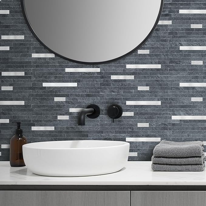 AULIGET 20 Sheets Black Slate Peel and Stick Backsplash, PVC Mixed Metal Silver - Image 6