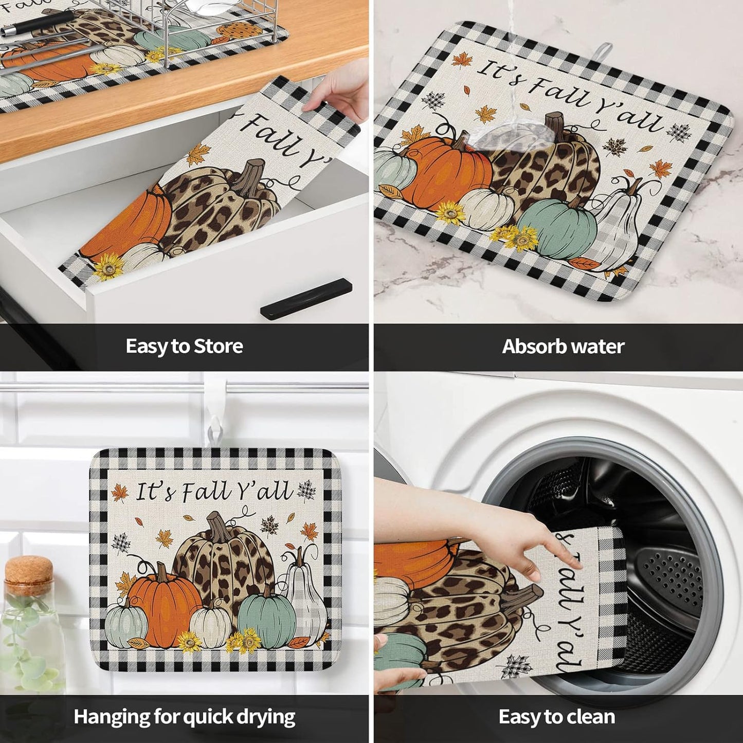 Fall Dish Drying Mat for Kitchen Counter Pumpkin Drying Pad Absorbent Drying Mats for Countertops Sinks Draining Racks Maple Leaves Black Buffalo Plaid Drainer Holiday Harvest Thanksgiving Decor 16x18