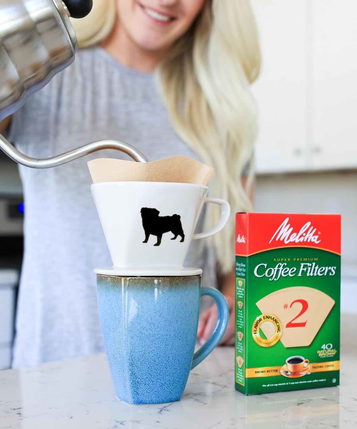 Simply Charmed Pug Coffee Pour Over Single Cup Ceramic Brewer Coffee Maker with Melitta Filters