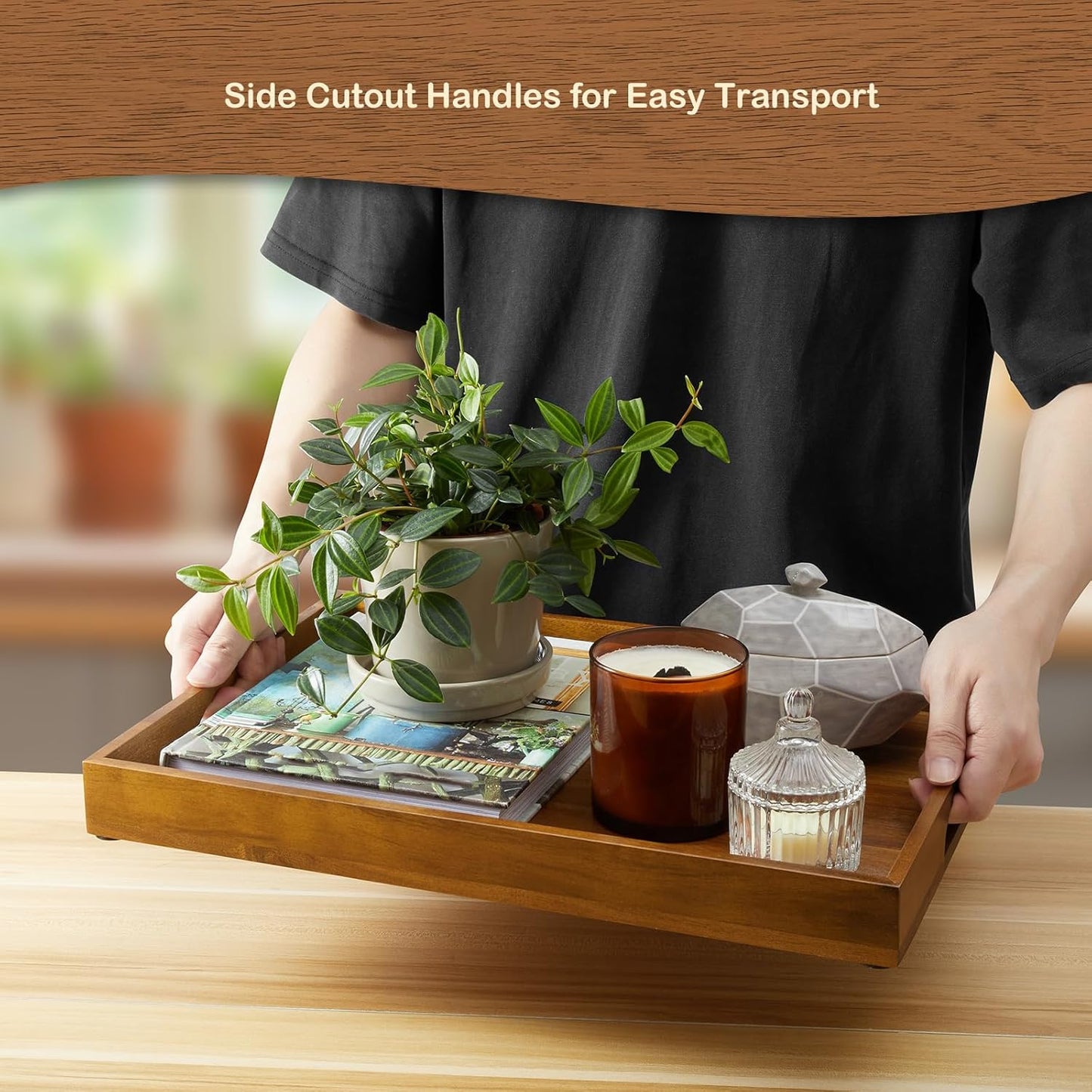 Set of 2 Acacia Wood Serving Tray with Handles, 17 Inch Large Wooden Tray for Ottoman, Breakfast in Bed, Coffee Table, Dinner, Perfect for Living Room Bedroom Entryway and Kitchen