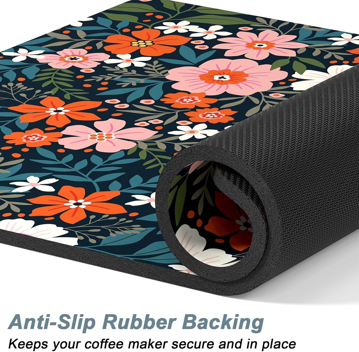 Rnivvi Coffee Mat, 12" x 19" Cute Coffee Bar Mats for Espresso Machine Station Accessories and Organizer, Hide Stain Rubber Backed Absorbent Dish Drying Pad for Kitchen Counter, Floral Cartoon