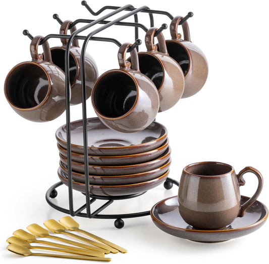 LYEOBOH 3 Ounce Espresso Cups and Saucers Set of 6, Ceramic Small Coffee Cups with Metal Holder and Spoons, Cute Demitasse Cups for Tea, Espresso, Latte, Cafe Mocha, Brown