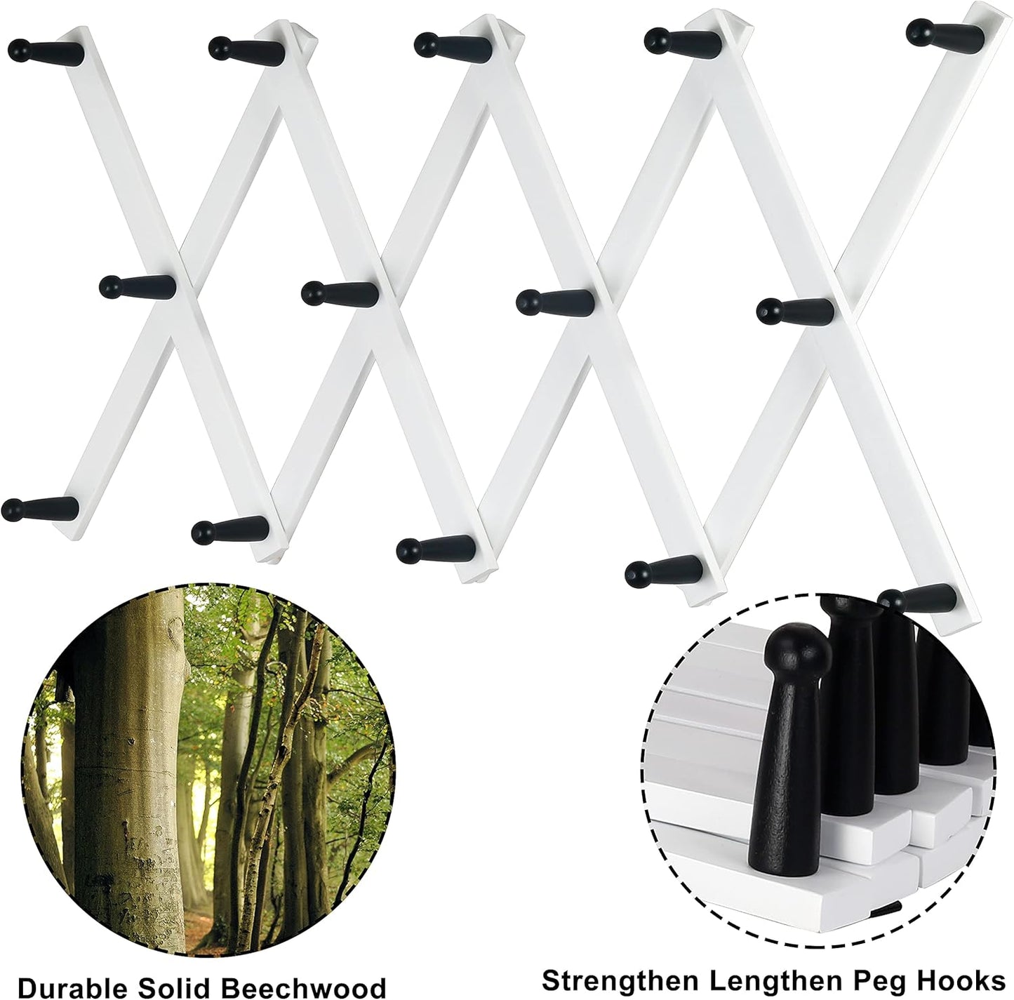 Dseap Accordian Wall Hanger: 16” High Wooden Wall Expandable Coat Rack, Hat Rack Holder, Accordion Hook for Baseball Caps, Coats, Mugs, 14 Peg Hooks, White & Black