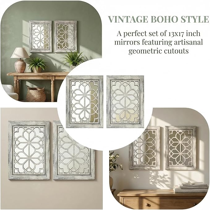 Set of 2 13x17 Inch Rectangular Shatterproof Decorative Wall Mirrors, Boho - Image 4