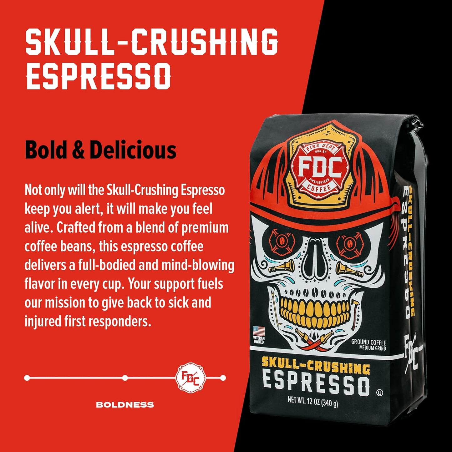 Fire Department Coffee - Gives Back to Firefighters - Full-Bodied & Bold Skull Crushing Espresso Ground Coffee - Roasted in the USA - Veteran Owned - 12 oz