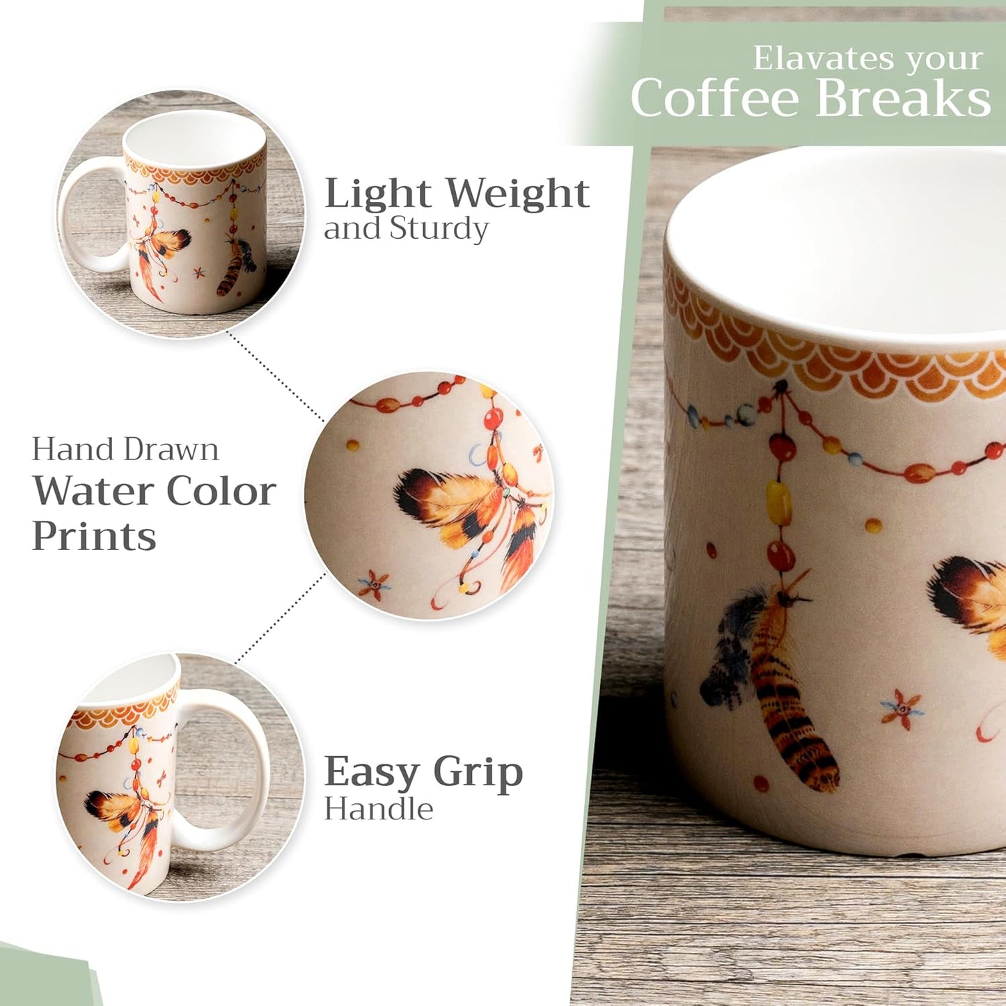 Maison d' Hermine Coffee Mug with Handles Fine Bone China Mugs Pack of One Tea Cups for Hot Beverages Cappuccino Latte Home Restaurant Office Perfect for Gift (Ibiza - Beige - Feather, 12 Ounce)