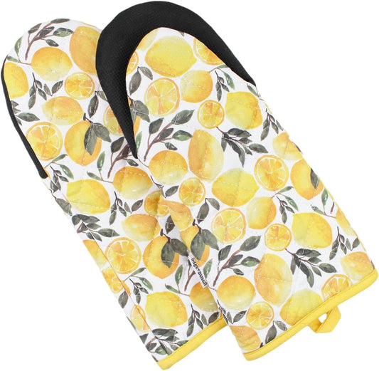 Heat Resistant Designer Kitchen Oven Mitts with Neoprene Non-Slip Grips and Hanging Loops | Set of 2 100% Cotton Long Sleeve Kitchen Oven Mitts | 5.5" x 12" | Yellow Lemons