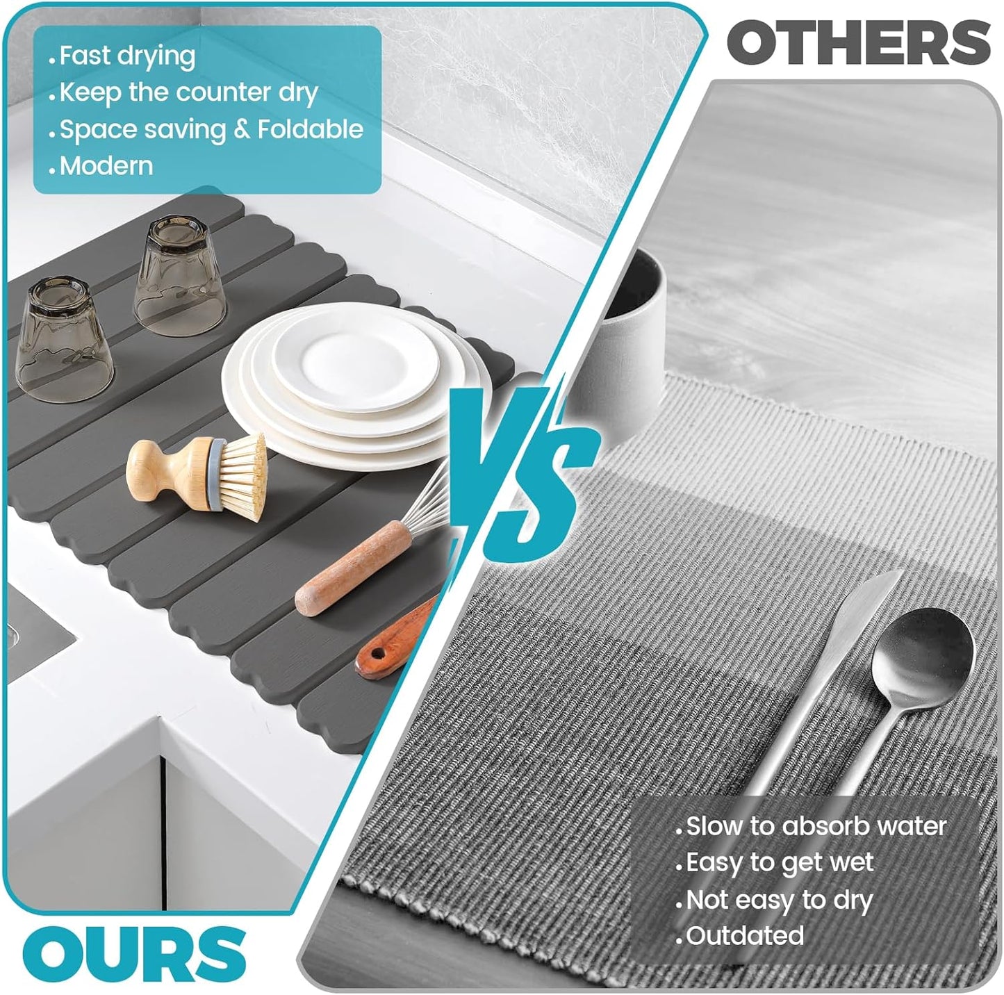 Extral Large Quick Dry Stone Drying Mat for Kitchen Counter,24x16 Inch Collapsible Eco-Friendly Absorbent Diatomaceous Earth Mat for Dishes Cups,Dish Drying Mats (Dark grey-Love shape, 24x16 inch)