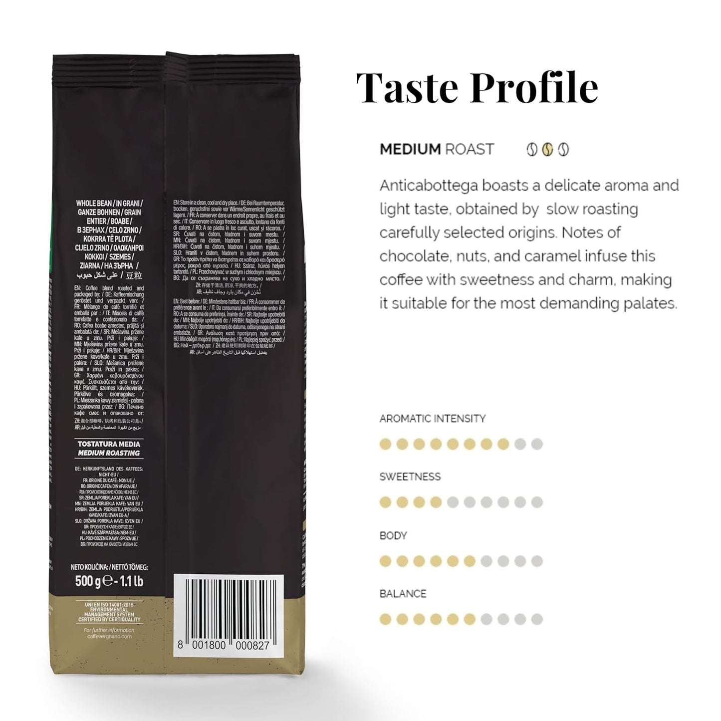 Caffe Vergnano 1882 Antica Bottega Whole Bean Arabica Medium Roast Espresso - Italian Coffee Beans Chocolate, Nuts and Caramel Notes, Intensity 5/10, 3.3 lbs