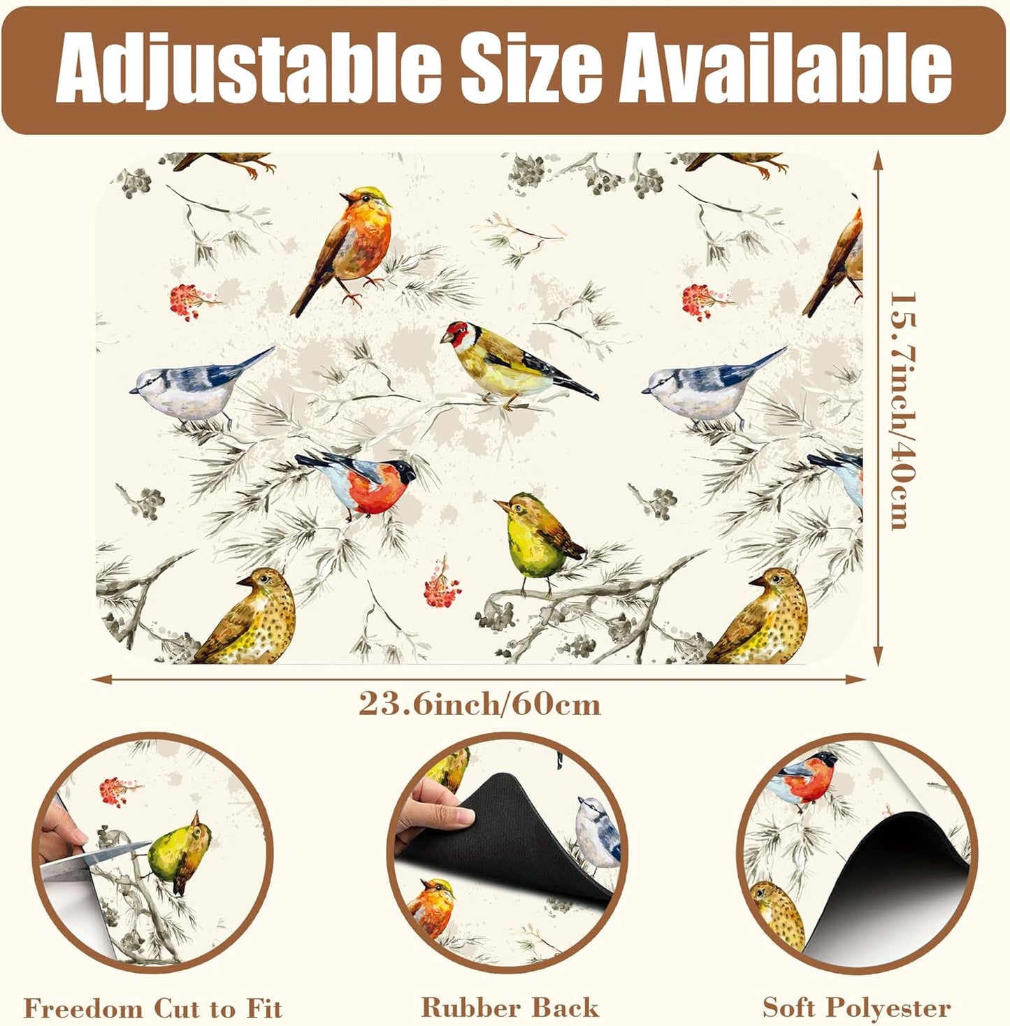 Cute Birds Coffee Mat Absorbent Dish Drying Mat for Kitchen Counter Hide Stain Rubber Backed Coffee Bar Accessories Fit Under Espresso Machine Dish Drainer, 15.7 x 23.6 Inch
