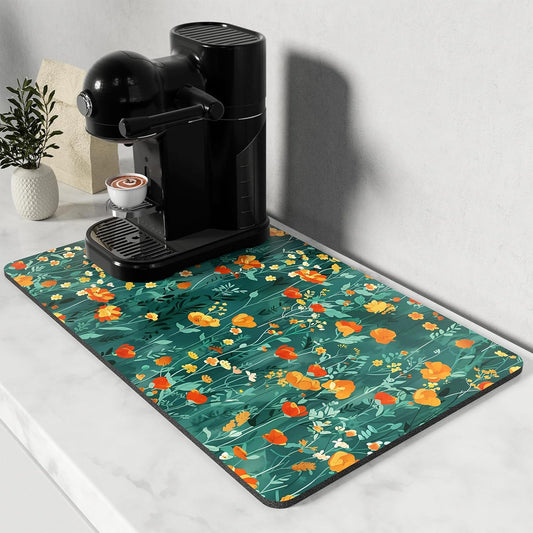 Rnivvi Coffee Mat, 12" x 19" Cute Coffee Bar Mats for Espresso Machine Station Accessories and Organizer, Hide Stain Rubber Backed Absorbent Dish Drying Pad for Kitchen Counter, Gentle Forest Flowers
