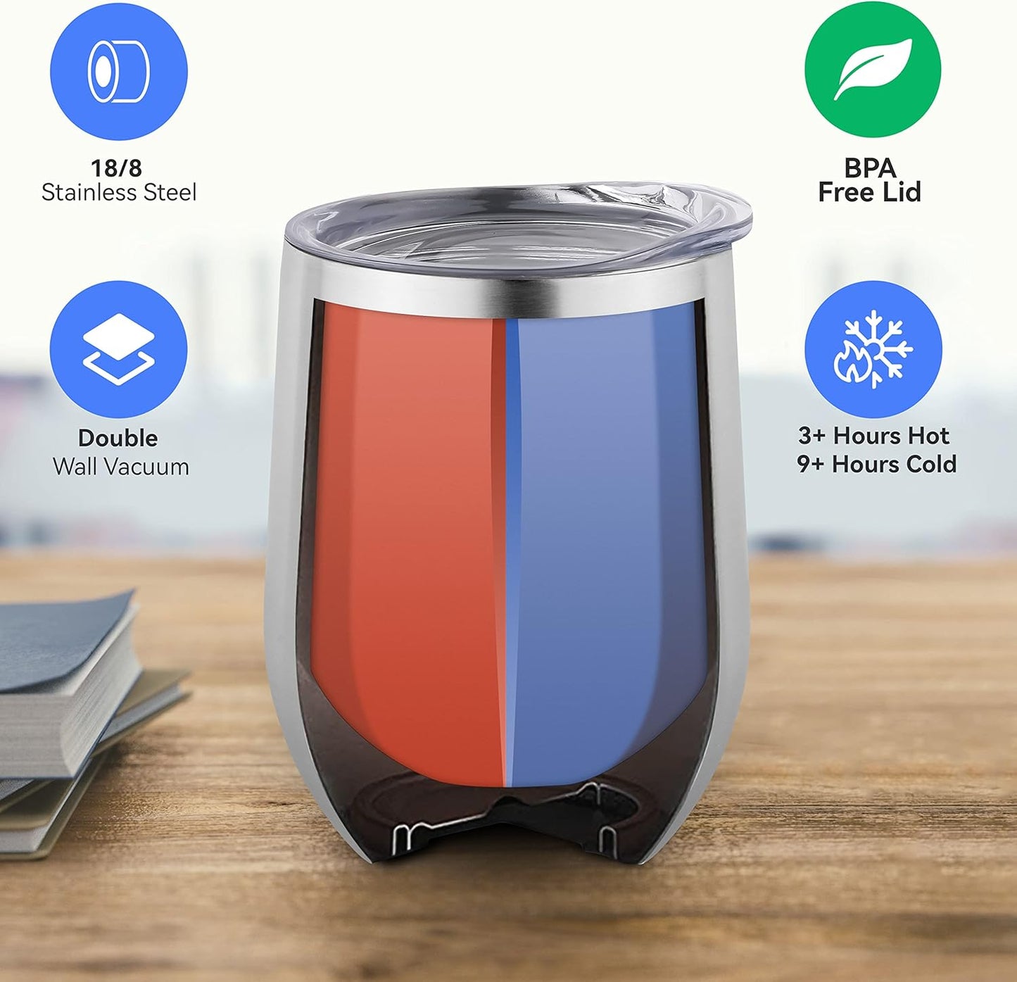 DOMICARE Stainless Steel Wine Tumbler Bulk with Lid, Personalized Insulated Tumblers Set, 12oz Travel Coffee Cups Pack of 1, Stainless steel