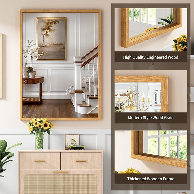 Syndra Natural Wood Frame Bathroom Mirror, 30x40'' Modern Vanity Mirror - Image 3