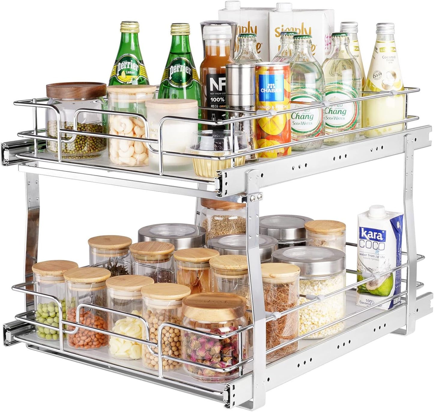 VEVOR Pull Out Cabinet Organizer, 17"Wx21"D 2 Tier Heavy Duty Slide Out Pantry Shelves, Chrome-Plated Steel Roll Out Drawers, Sliding Drawer Storage, 18.5"Wx22"D Install Size for Cabinet