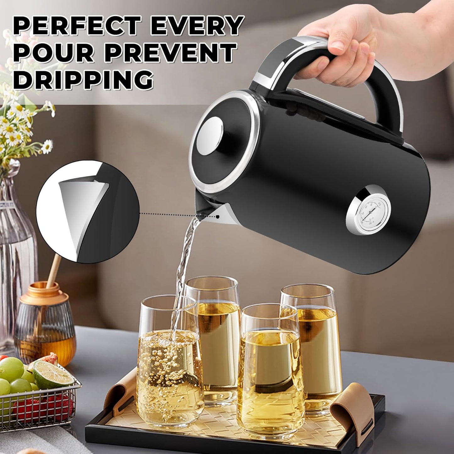 SUSTEAS Electric Kettle Temperature Control - 57oz Hot Water Boiler with Thermometer, 1500W Fast Heating Stainless Steel Tea Kettles, Cordless LED Indicator, Auto Shut-Off & Boil Dry Protection,Black