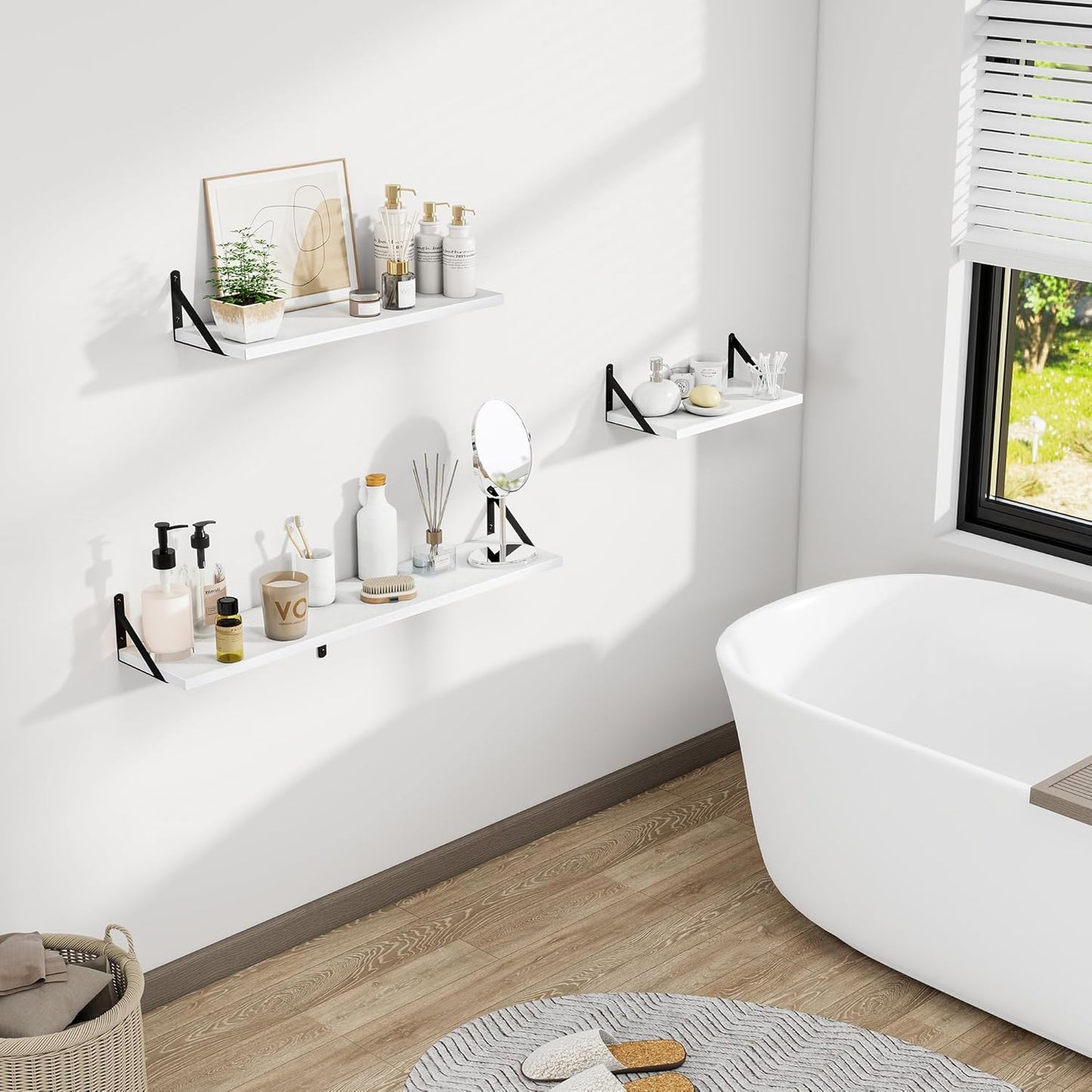 Dreamland Wall Shelves Long, 24W x 8D Wall Mounted Shelves Set of 2, Wide Display Ledge Shelf with Sturdy Metal Brackets for Living Room, Bathroom, Bedroom and Kitchen, White