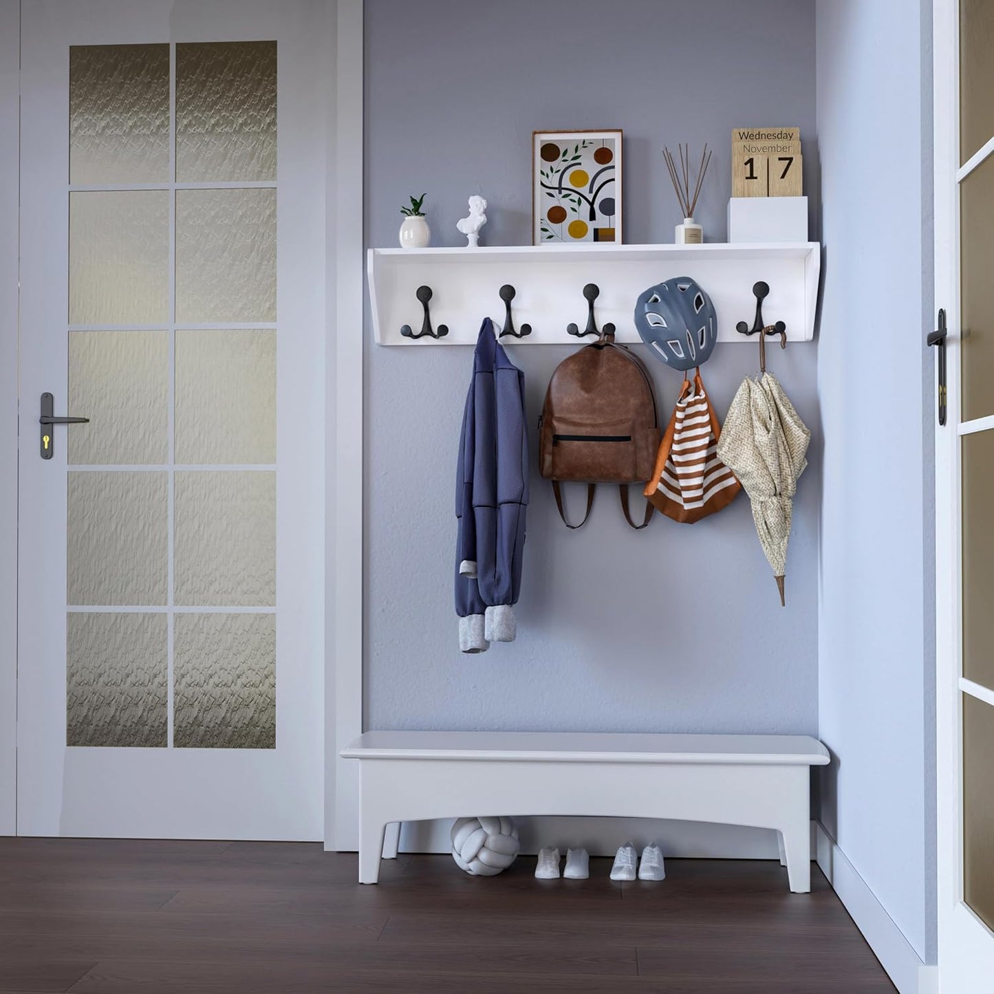 SKOLOO Wall Shelf with Hooks, 35-Inch White Coat Rack Wall Mount with Shelf Organizer - Lightweight & Sturdy, 5 Tri Hooks - Perfect for Entryway, Hallway, Living Room, Bedroom, Mudroom