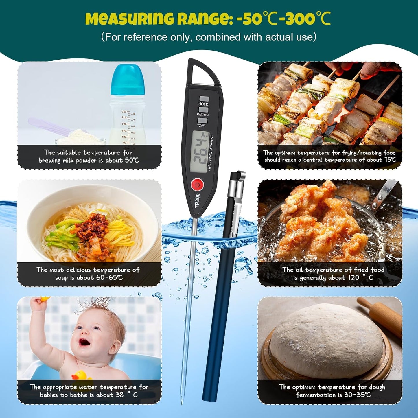 6 Set Waterproof Food Thermometer for Water, Liquid, Candle and Cooking Digital Meat Thermometer with Long Probe Instant Read for Kitchen BBQ Grill Candy (Black)
