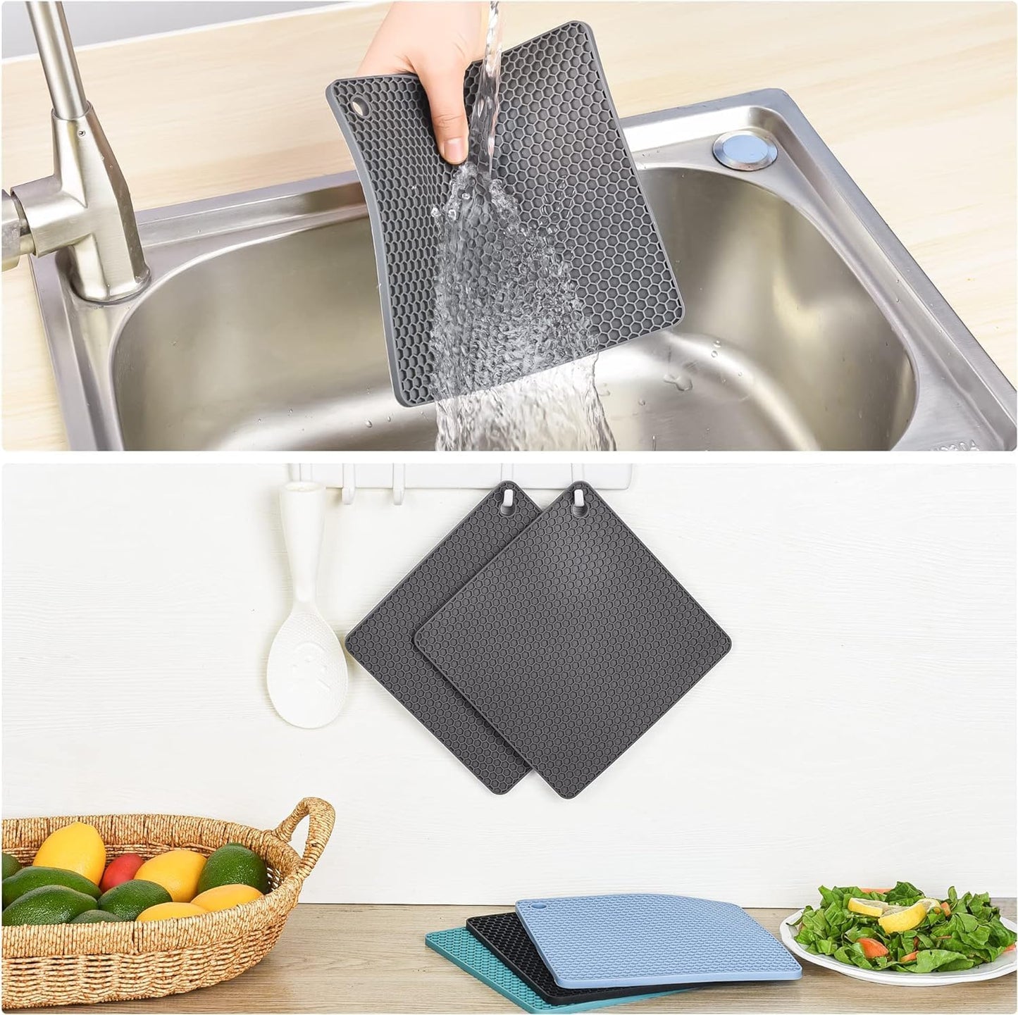 Silicone Trivets Mats, Silicone Hot Pads for Pot Holder, Square Trivets for Hot Dishes, Pots and Pans, Multipurpose Hot Pads for Kitchen Counter, Non Slip Heat Resistant Mats Set 4 Dark Grey