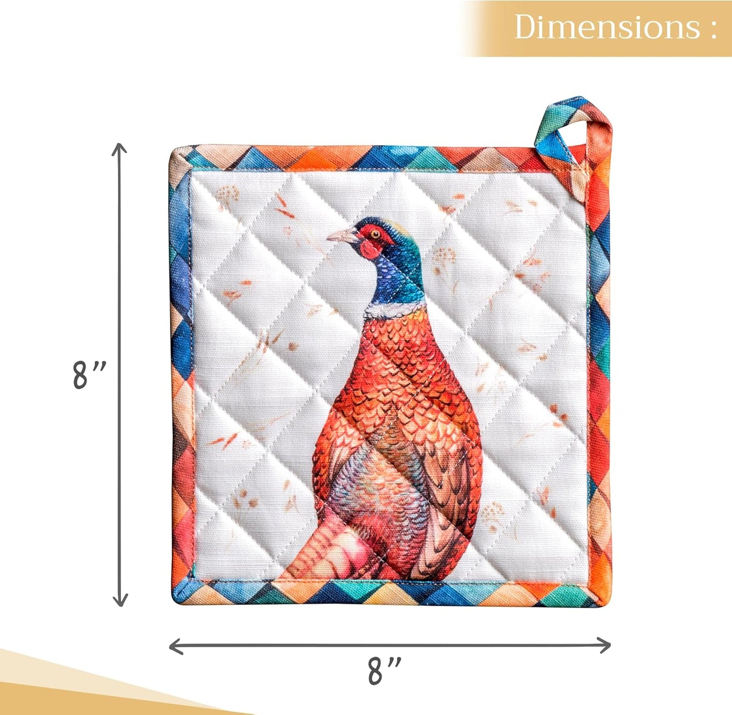Maison d' Hermine Pot Holders Set 100% Cotton Heat Resistant Potholders 8" x 8" Hot Pads with Loop BBQ, Cooking, Baking, Grilling, Kitchen, Handling Hot Pans (Pack of 2, Faisan D'Automne)