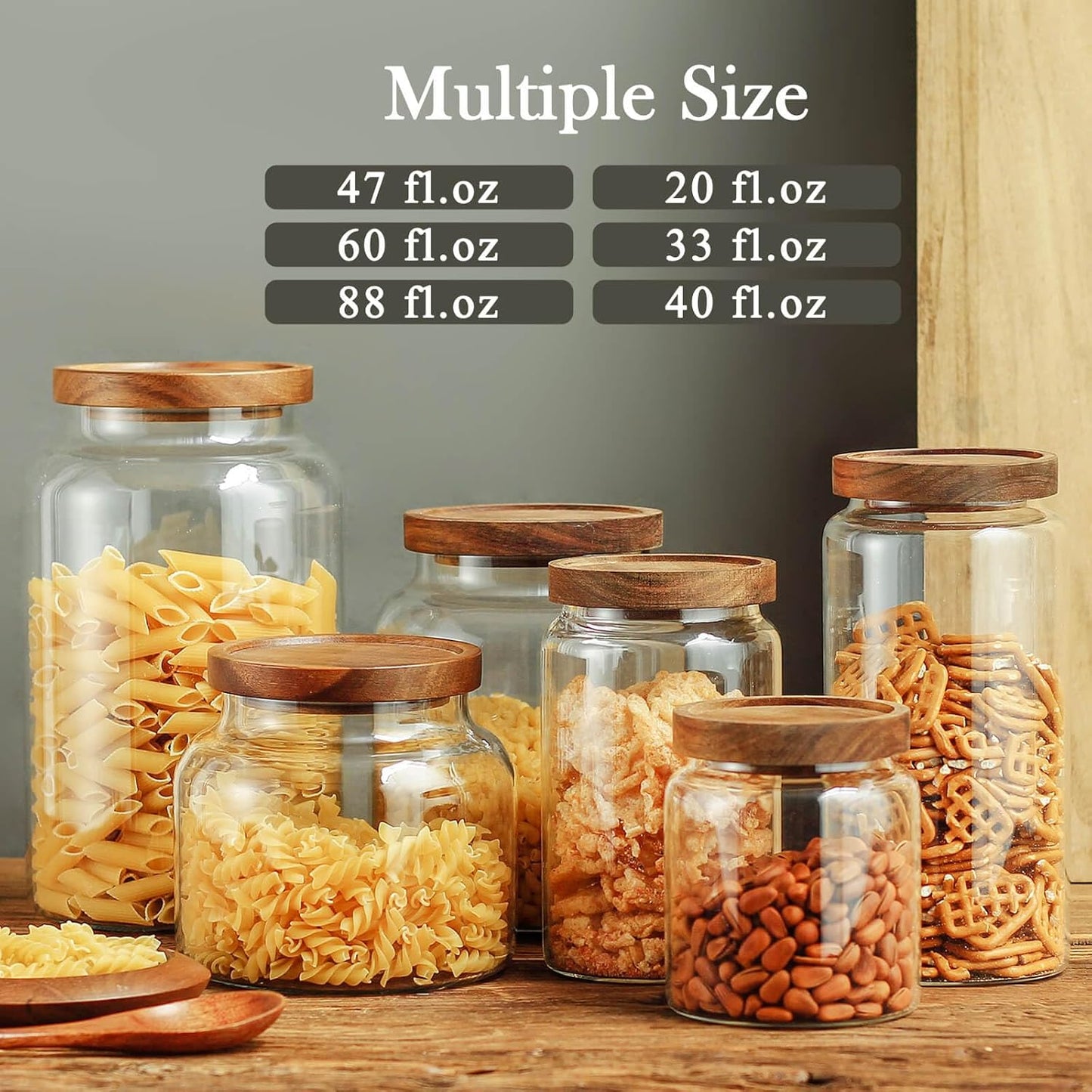 Labina Glass Storage Container Airtight Food Jars Kitchen Canister with Wood Lids, 40 Oz Wide Mouth Pantry Organization Glass Jar for Flour, Sugar, Cookie, Spagetti, Nuts and Candy (2 Pack)