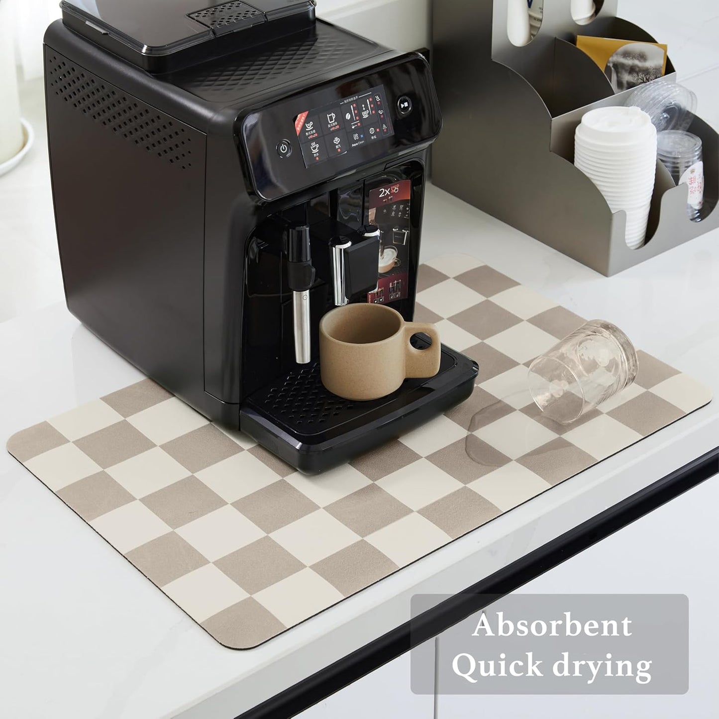 Checkered Dish Drying Mat for Kitchen Counter, Coffee Bar Station Accessories, Retro Cute Aesthetic Modern Absorbent Drainer Mat Kitchen Drying Mat Easy Clean, Khaki 12" x 19"