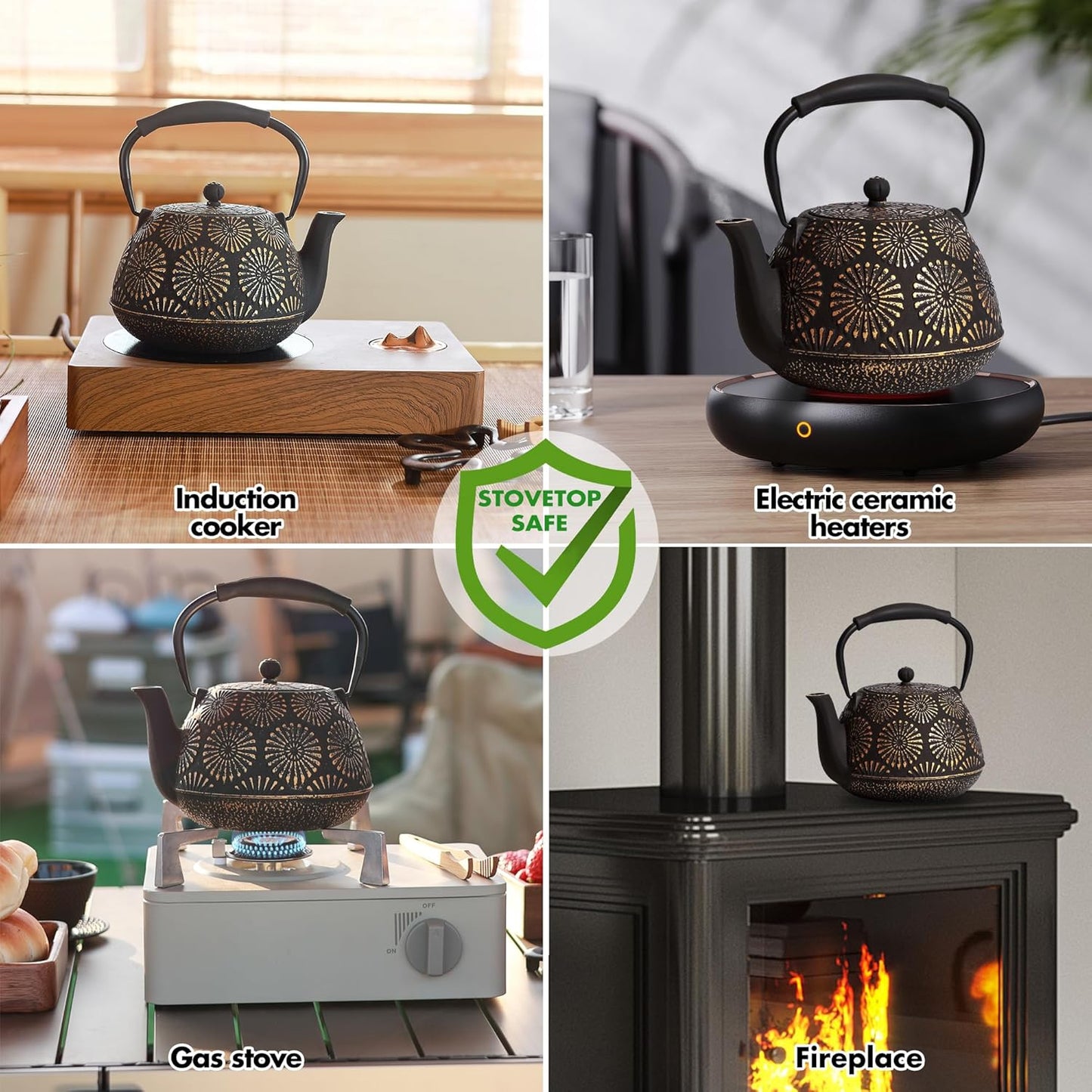 Cast Iron Teapot, 40oz Tea Kettle with Infuser for Stove Top, Sakura Design Japanese Tea Pot for Tea&Coffee Coated with Enameled Interior, Silicone Handle 1200ml black