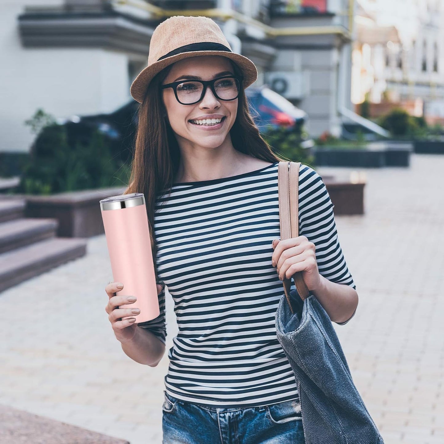 VEGOND Stainless Steel Tumblers Bulk 12 Pack, 20 oz Vacuum Insulated Skinny Tumblers with Lid and Straw, Double Wall Coffee Mug, Travel Water Cup, Light Pink
