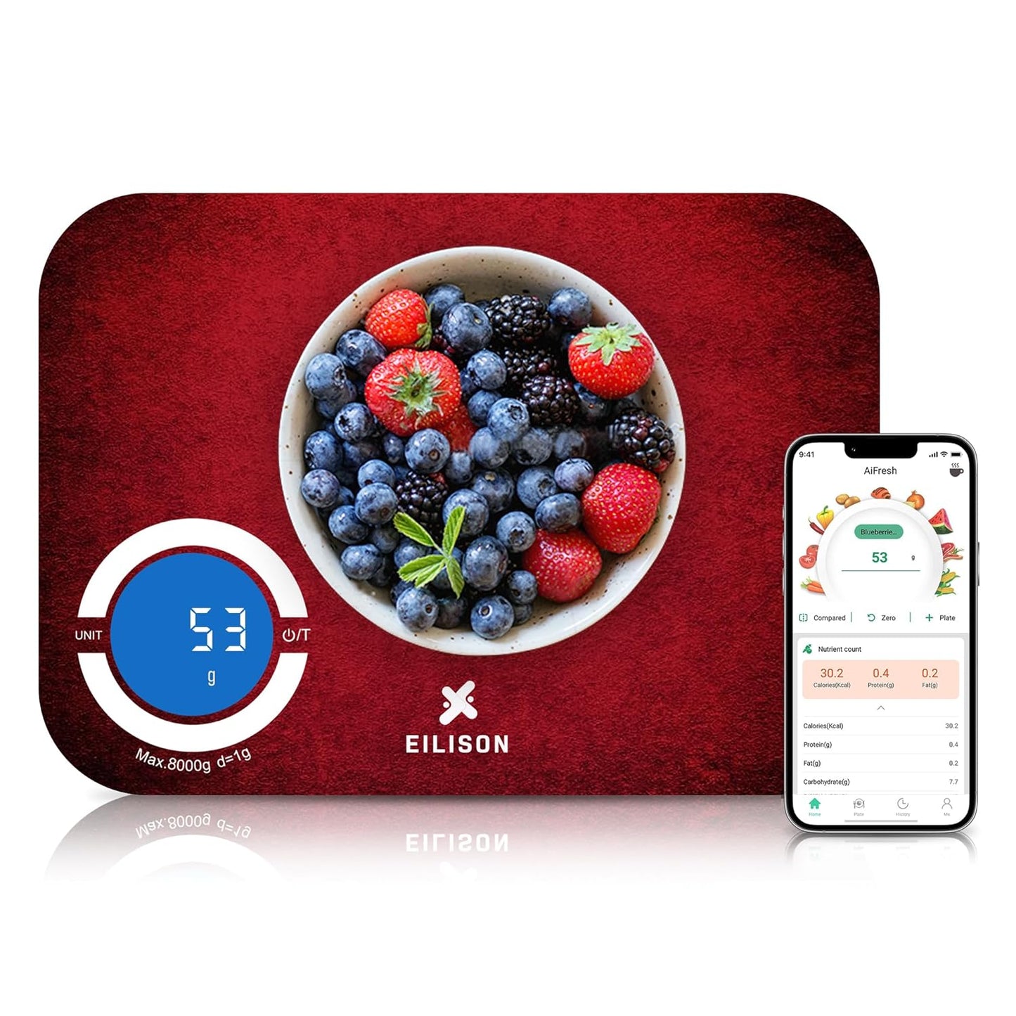EILISON Smart Kitchen Food Scale with Bluetooth App, High-Precision Digital Food Scale for Baking, Cooking & Diet, 24 Nutrients with Macro Keto Calorie Cooking, Grams, 5g-8000g Capacity (Red)