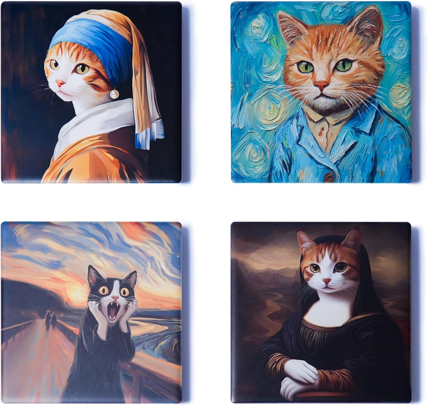 Ceramic Coasters Set of 4 – Square Drink Coasters with Cork Backing, 3.9x3.9 Inches – Decorative Printed Designs for Home, Office, or Gift Use (Gallery Cats)