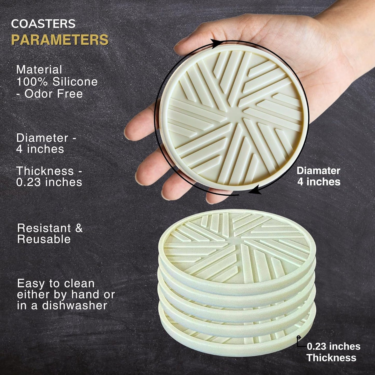 Silicone Coasters for Drinks, Set of 6 with Gold Holder and Modern Elegant Pattern, Unique Protection for Coffee Table, Living Room Decor and Housewarming Gift