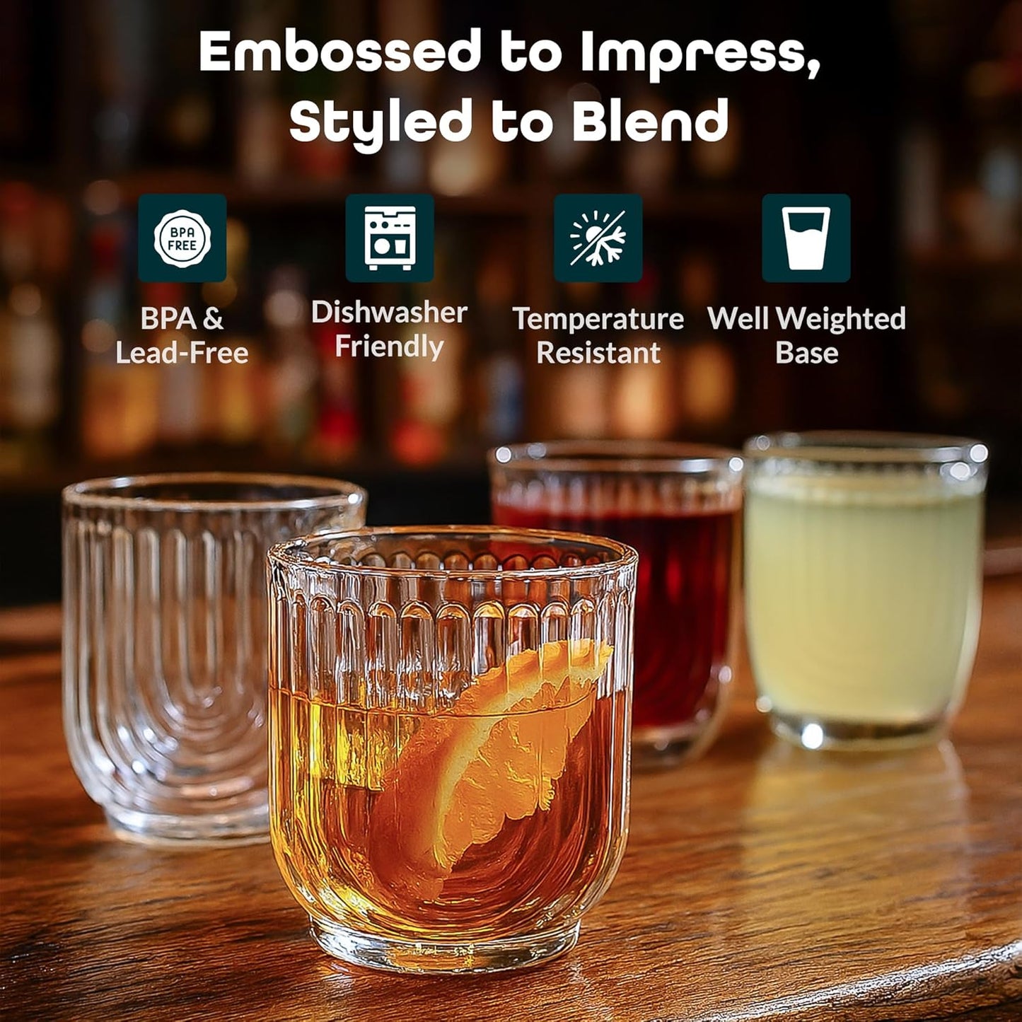 Glaver's Whiskey Glasses 11oz. Set of 4 Old Fashioned Bourbon Glasses. Ribbed Cocktail Arch Design Art Deco Bar Glassware for Whisky, Cocktails, Juice and Chilled Beverages.