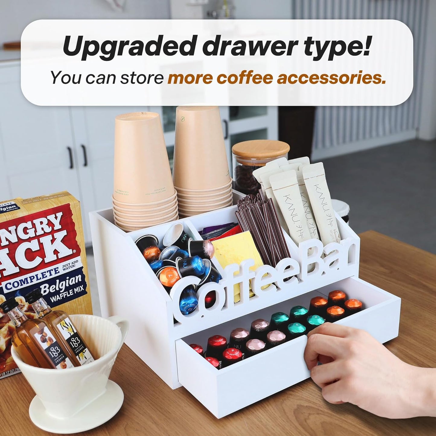 Coffee Bar Organizer for Countertop – Wooden Coffee Station with Black Drawer, Tea and K Cup Storage Rack, Coffee Pod Holder for Home and Office Counter Organization (Drawer - White)