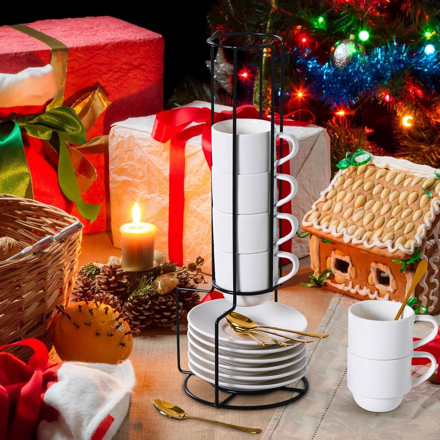 Lareina Porcelain Stackable Espresso Cups with Saucers, Spoons and Metal Stand, 3 Ounce Small Coffee Cups Set of 6 - Ceramic Demitasse Mugs, White